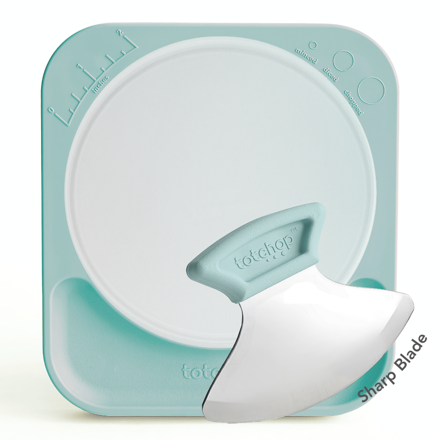 Totchop Parent set showing sharp knife, board, and silicone cutting insert.