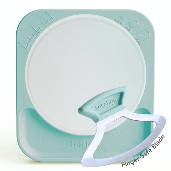 Totchop Kids set showing finger-safe knife, board, and silicone cutting insert.