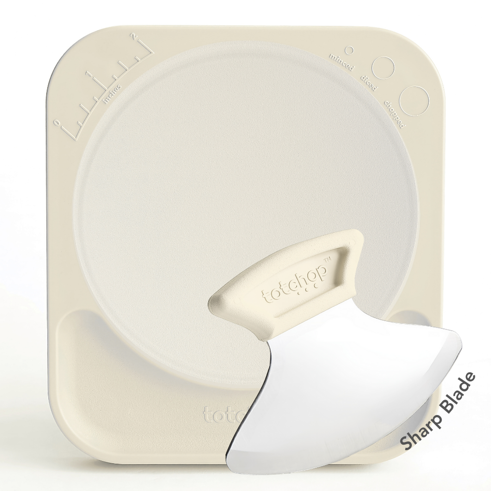 Totchop Parent set showing sharp knife, board, and silicone cutting insert.