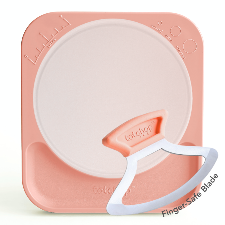 Totchop Kids set showing finger-safe knife, board, and silicone cutting insert.
