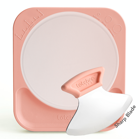 Totchop Parent set showing sharp knife, board, and silicone cutting insert.